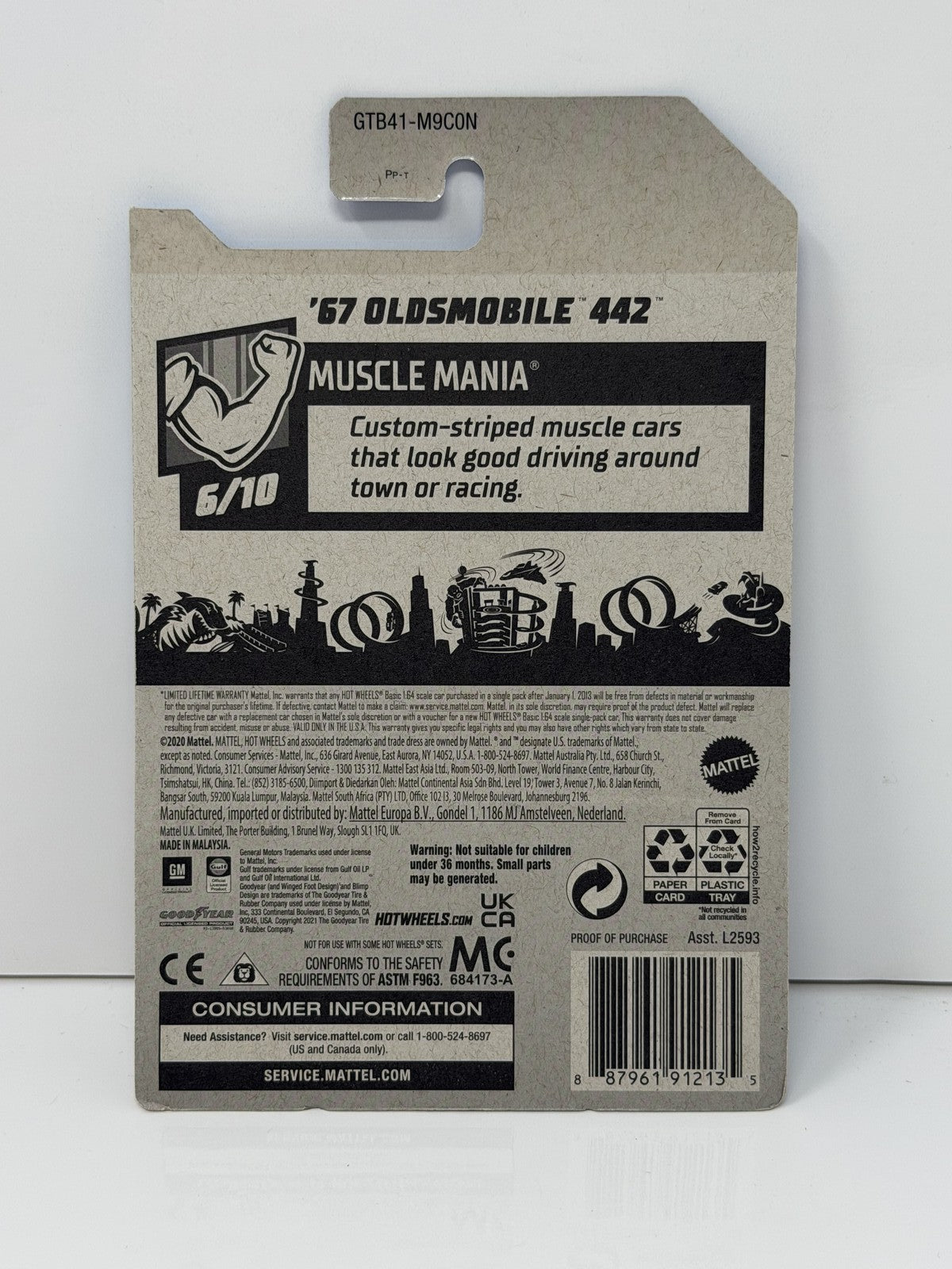Hot Wheels Muscle Mania 1967 Oldsmobile 442 1:64 Diecast Gulf U.S. Card