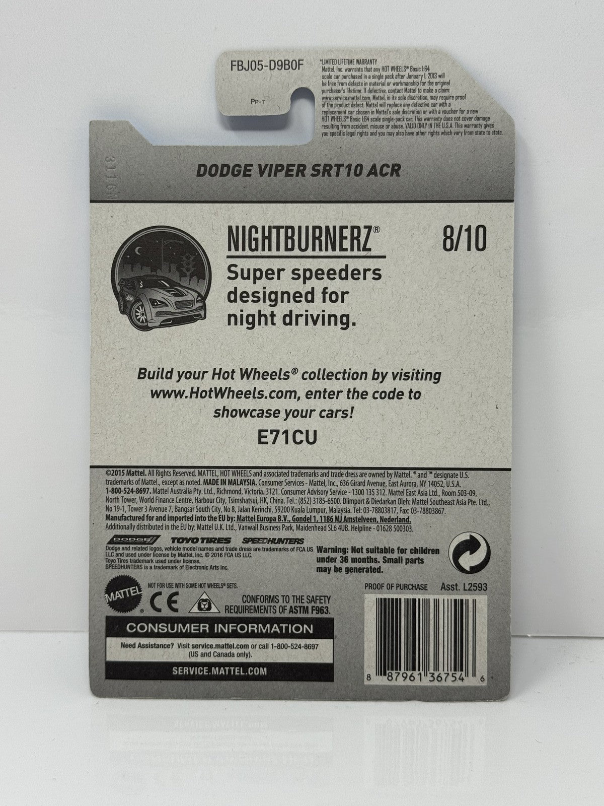 Hot Wheels Nightburnerz Dodge Viper SRT10 ACR 1:64 Diecast Black