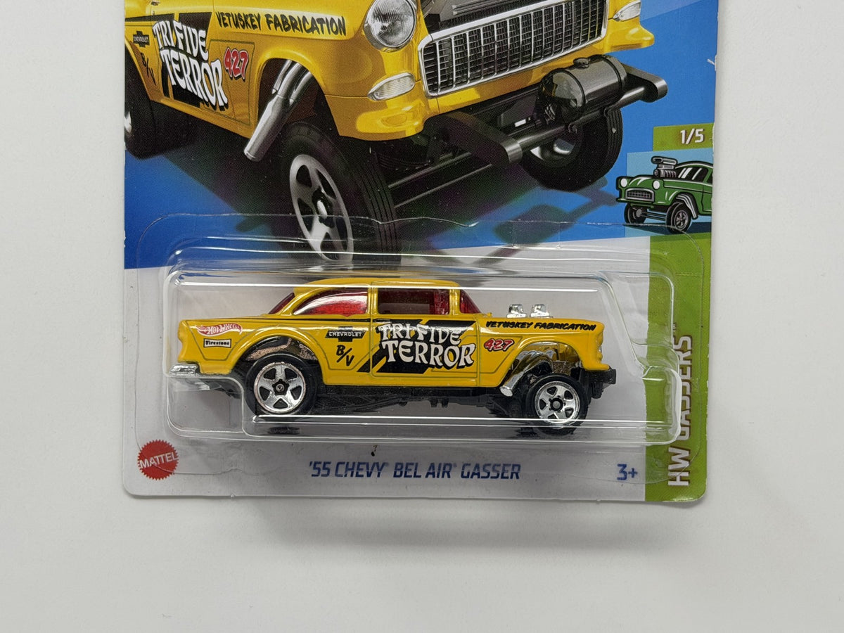 Hot Wheels HW Gassers 1955 Chevy Bel Air Gasser Yellow 1:64 Diecast U.S. Card