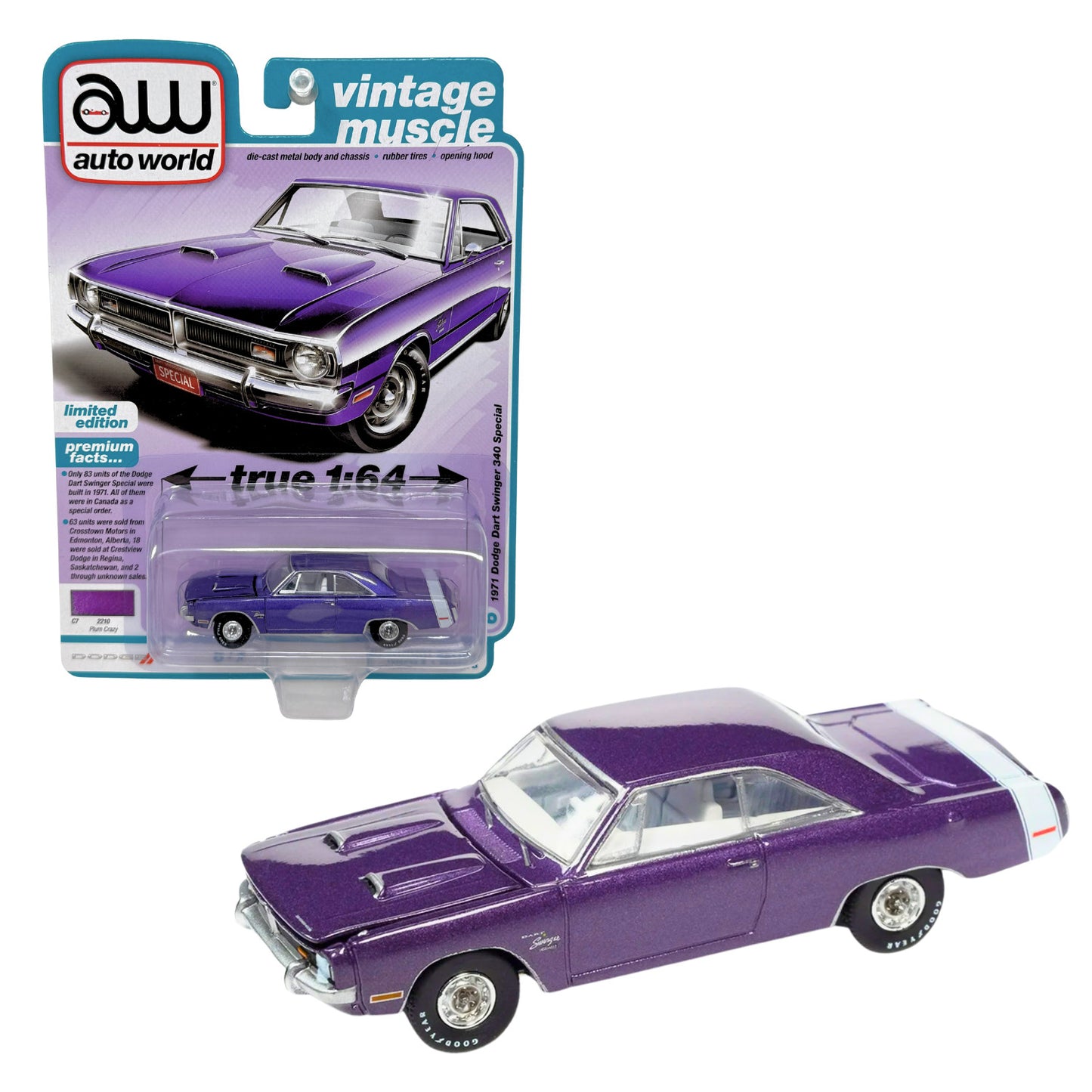 Auto World Vintage Muscle 1971 Dodge Dart Swinger 340 Plum Crazy 1:64 Diecast