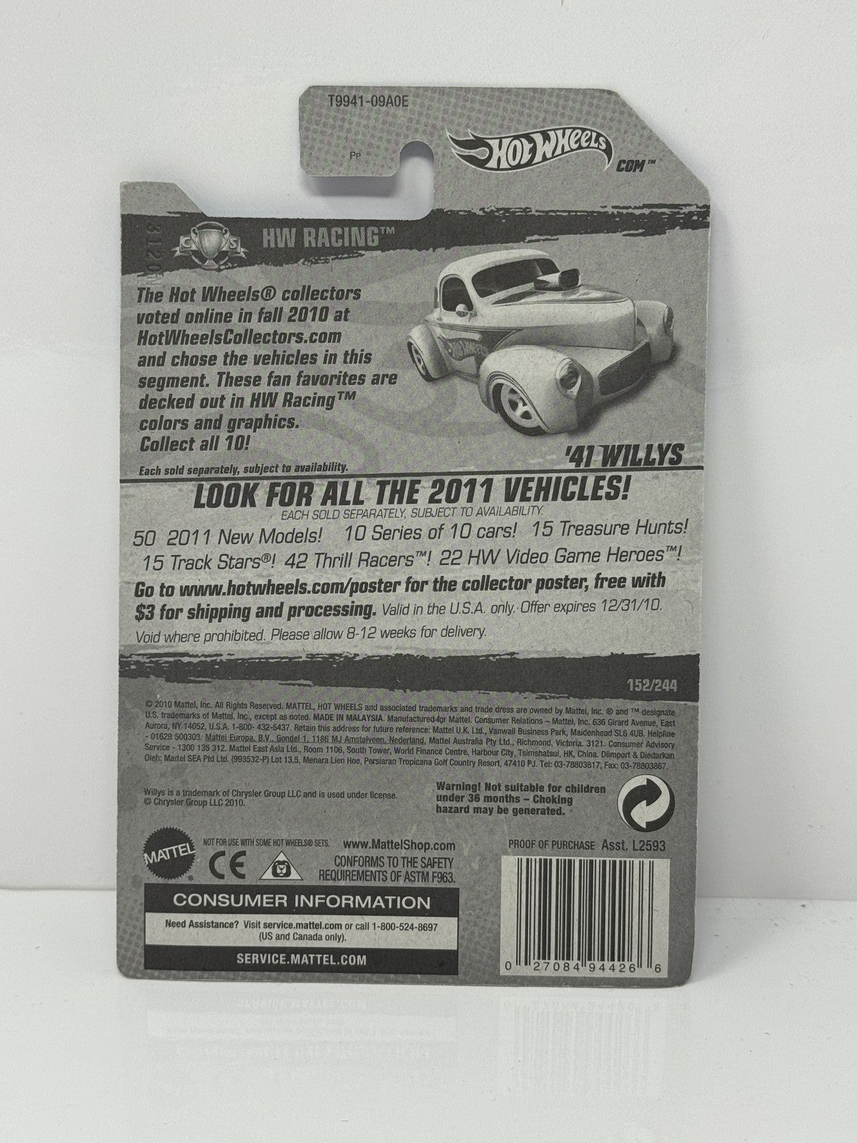 Hot Wheels Racing 1941 Willys 1:64 Diecast White Factory Sealed
