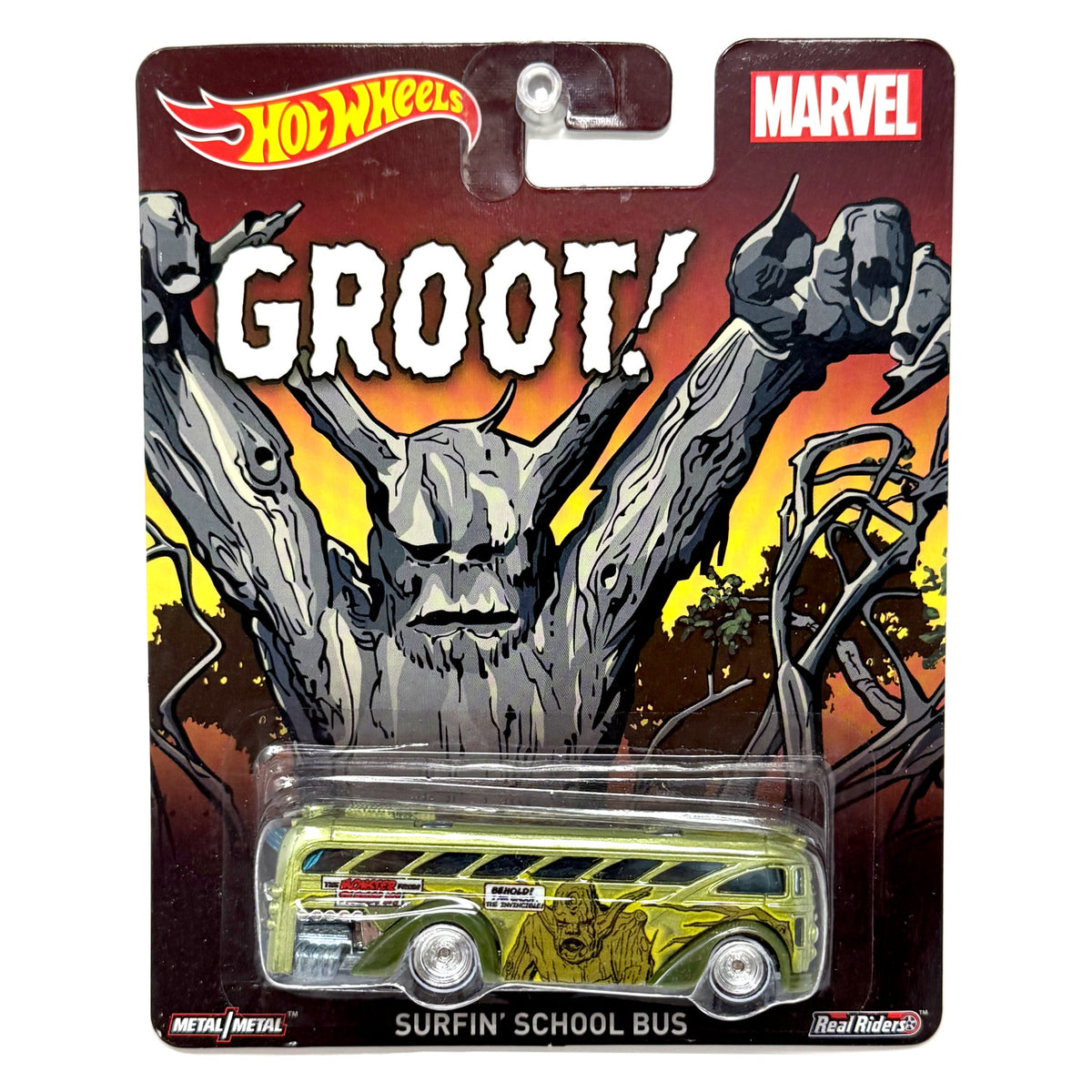 Hot Wheels Marvel Groot Surfin' School Bus 1:64 Diecast Real Riders