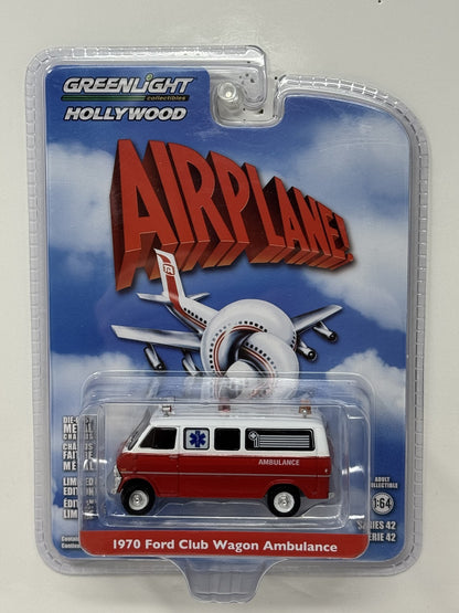 GreenLight Hollywood Airplane 1970 Ford Club Wagon Ambulance 1:64 Diecast Red
