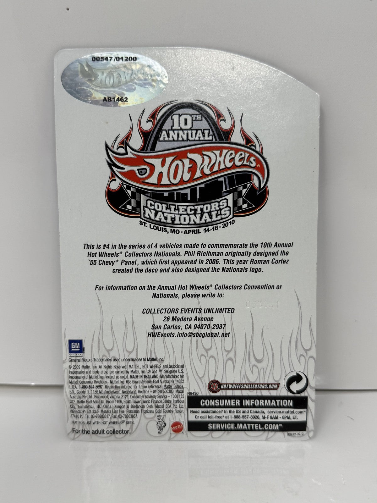 Hot Wheels 2010 10th Collectors Nationals 1955 Chevy Panel 1:64 Diecast 547/1200