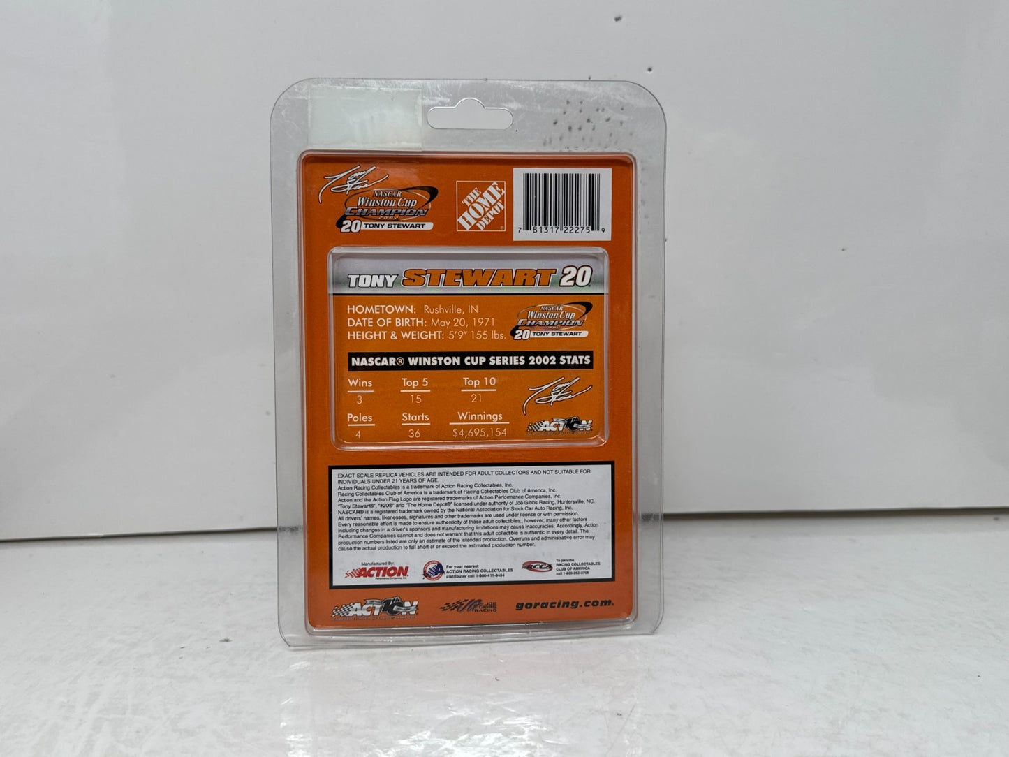 Action Nascar #20 Tony Stewart Home Depot 2002 Winston Cup Champ 1:64 Diecast