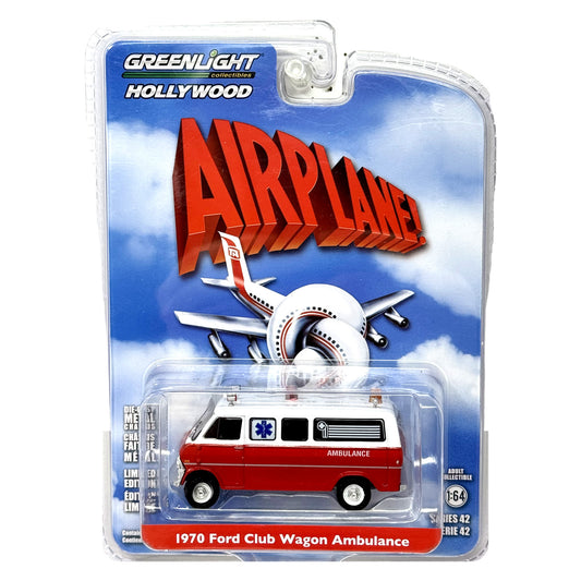 GreenLight Hollywood Airplane 1970 Ford Club Wagon Ambulance 1:64 Diecast Red