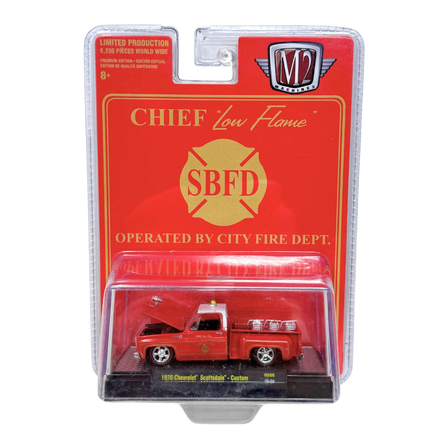 M2 Machines Chief "Low Flame" SBFD 1976 Chevrolet Scottsdale Custom 1:64 Diecast
