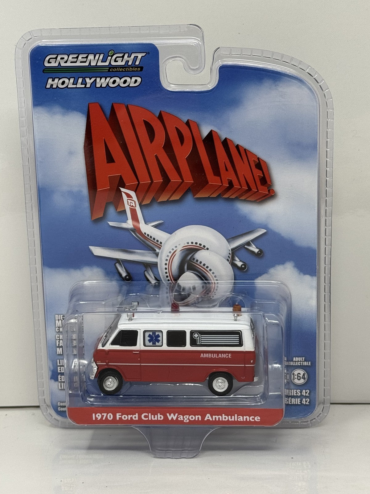 GreenLight Hollywood Airplane 1970 Ford Club Wagon Ambulance 1:64 Diecast Red