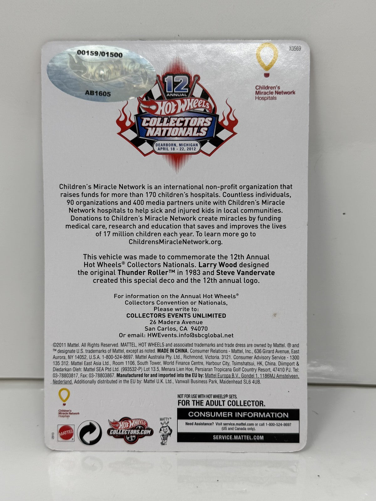 Hot Wheels 2012 12th Collectors Nationals Thunder Roller 1:64 Diecast 0159/1500