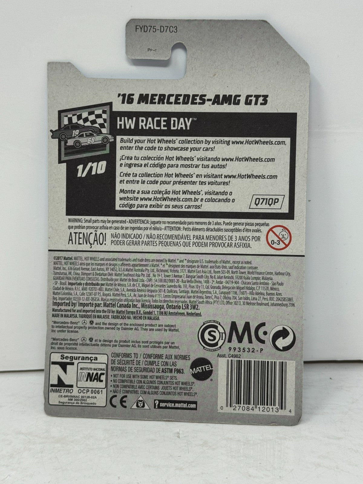 Hot Wheels HW Race Day 2016 Mercedes-AMG GT3 1:64 Diecast Light Blue
