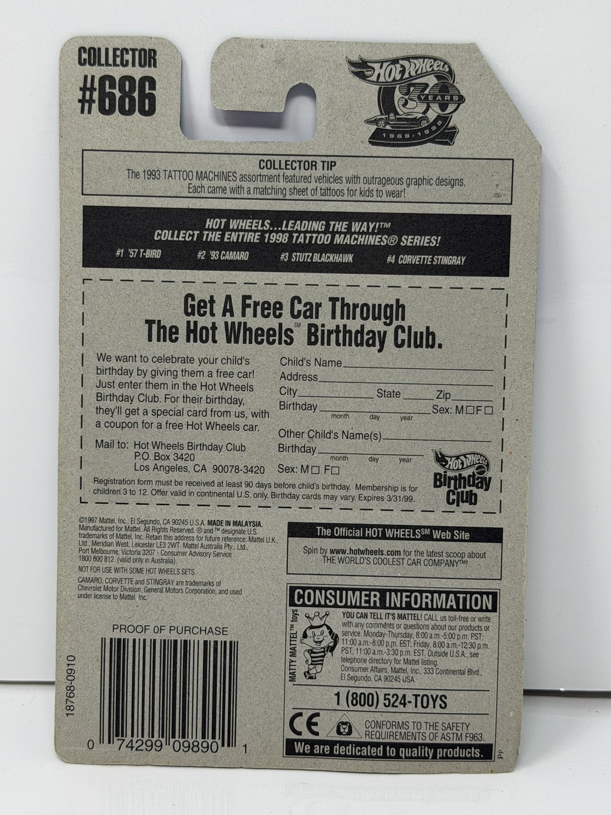 Hot Wheels Tattoo Machines Series 1993 Chevrolet Camaro 1:64 Diecast Green