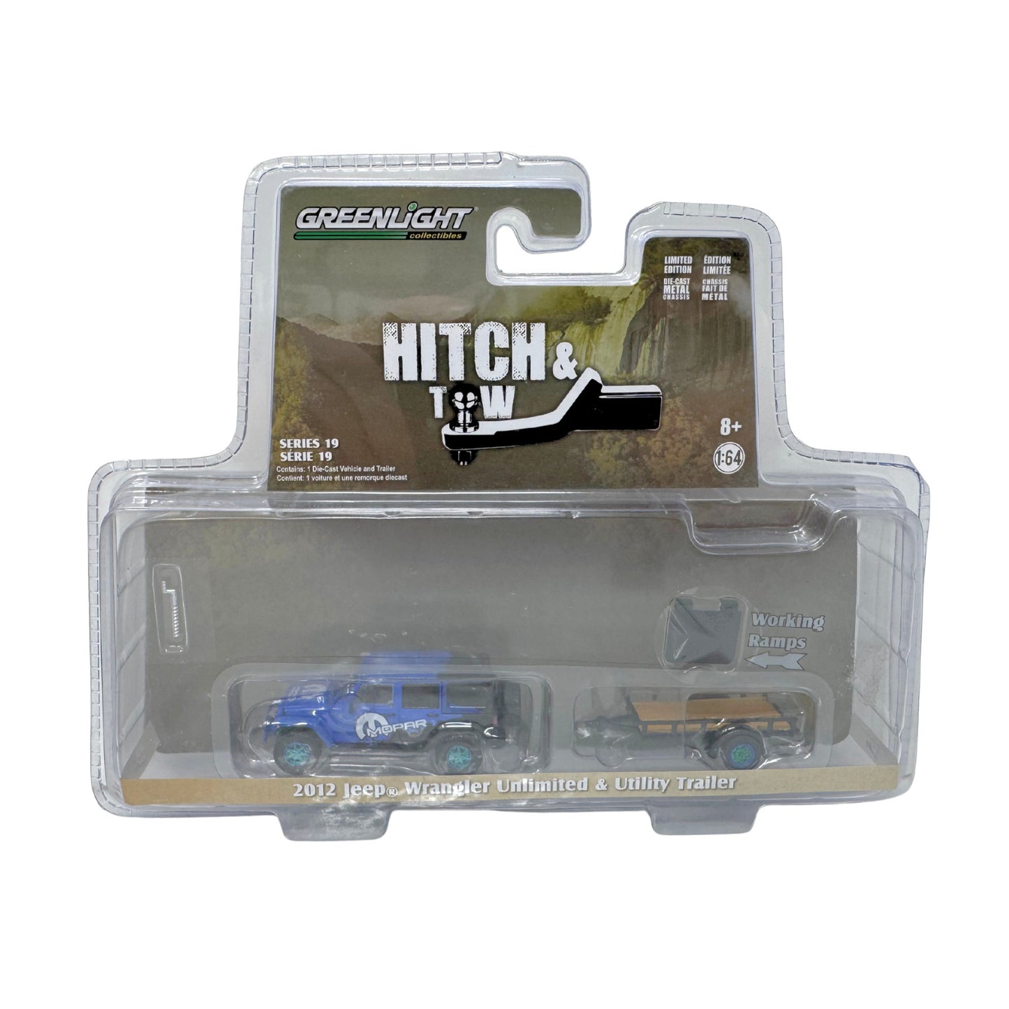 Greenlight Hitch & Tow 2012 Jeep Wrangler & Utility Trailer CHASE 1:64 Diecast
