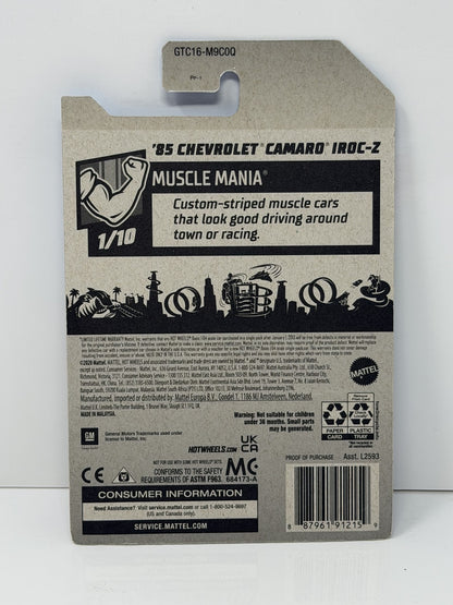 Hot Wheels Muscle Mania 1985 Chevrolet Camaro IROC-Z 1:64 Diecast Blue U.S. Card