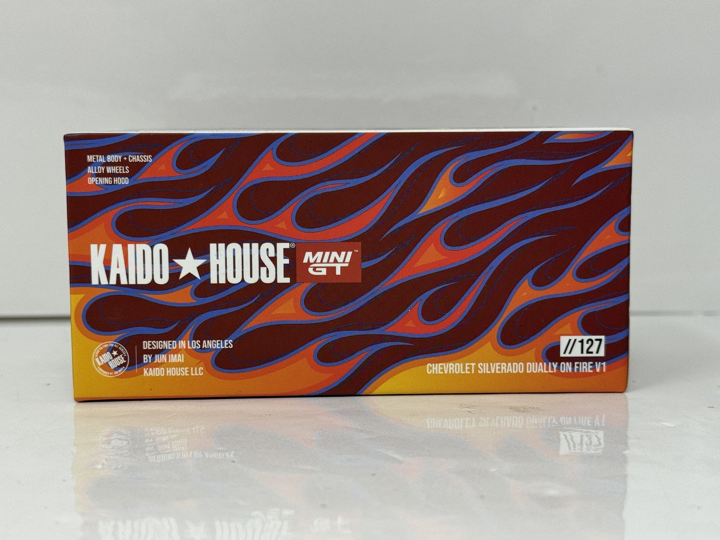 Kaido House MINI GT Chevrolet Silverado Dually On Fire V1 1:64 Diecast Red