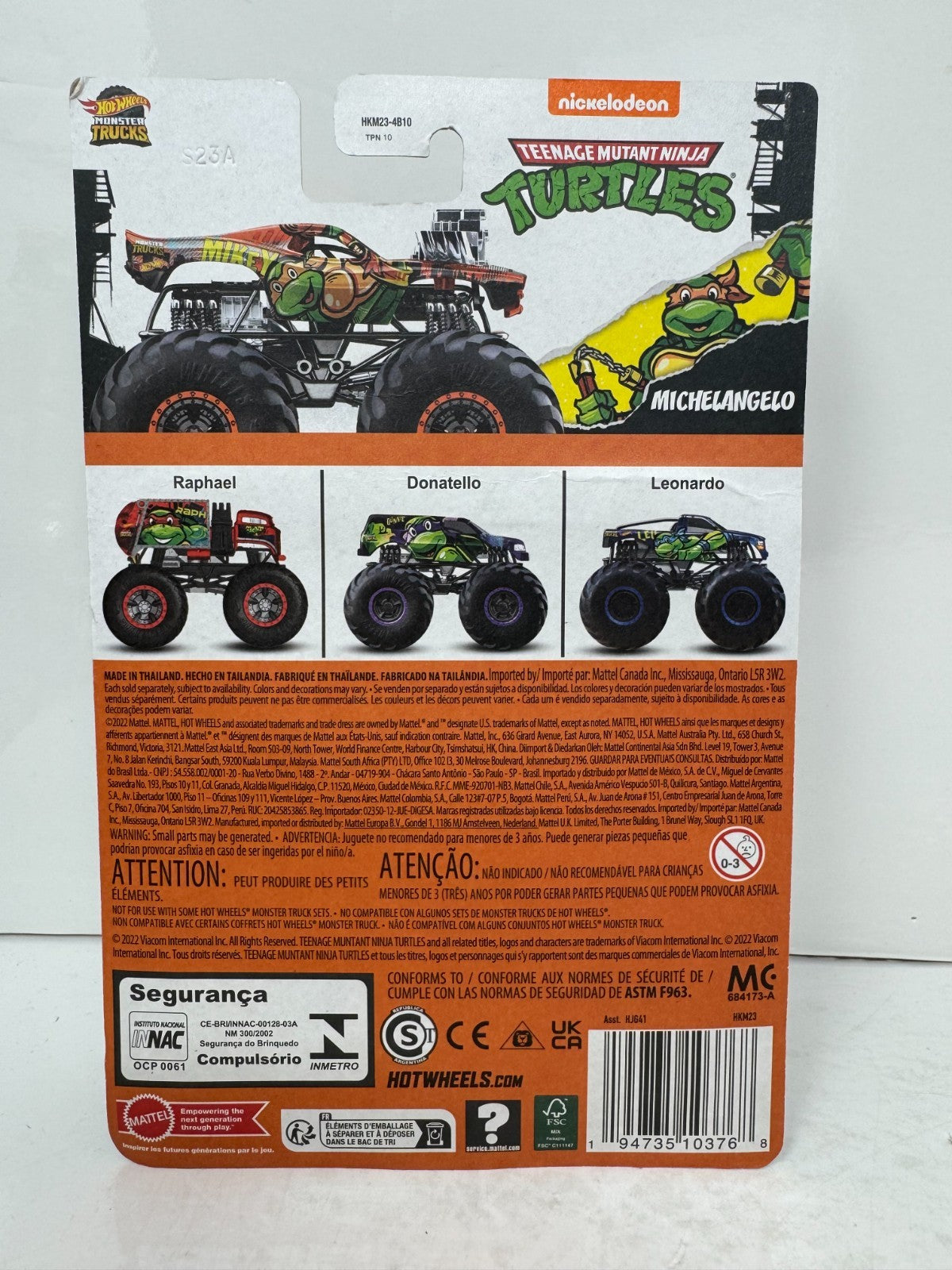 Hot Wheels Monster Trucks Michelangelo Teenage Mutant Ninja Turtles 1:64 Diecast