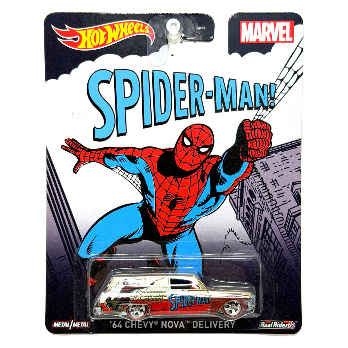 Hot Wheels Marvel Spider-Man 1964 Chevy Nova Delivery 1:64 Diecast Real Riders