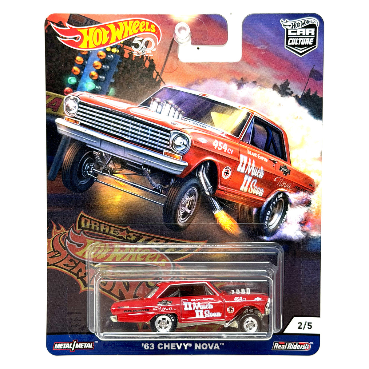 Hot Wheels Drag Strip Demons 1963 Chevy Nova 1:64 Diecast Real Riders