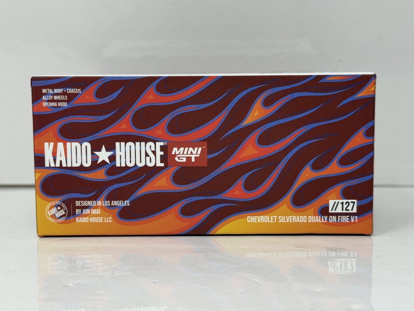 Kaido House MINI GT Chevrolet Silverado Dually On Fire V1 1:64 Diecast Red