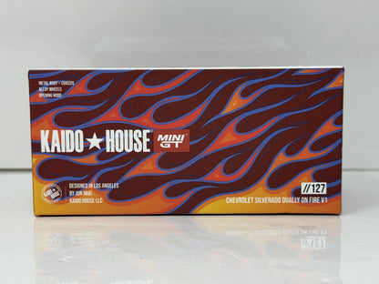 Kaido House MINI GT Chevrolet Silverado Dually On Fire V1 1:64 Diecast Red
