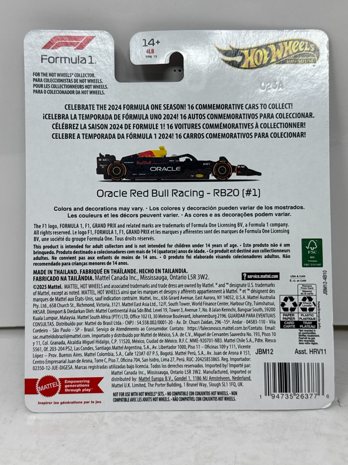 Hot Wheels Premium Formula One Oracle Red Bull Racing RB20 #1 1:64 Diecast