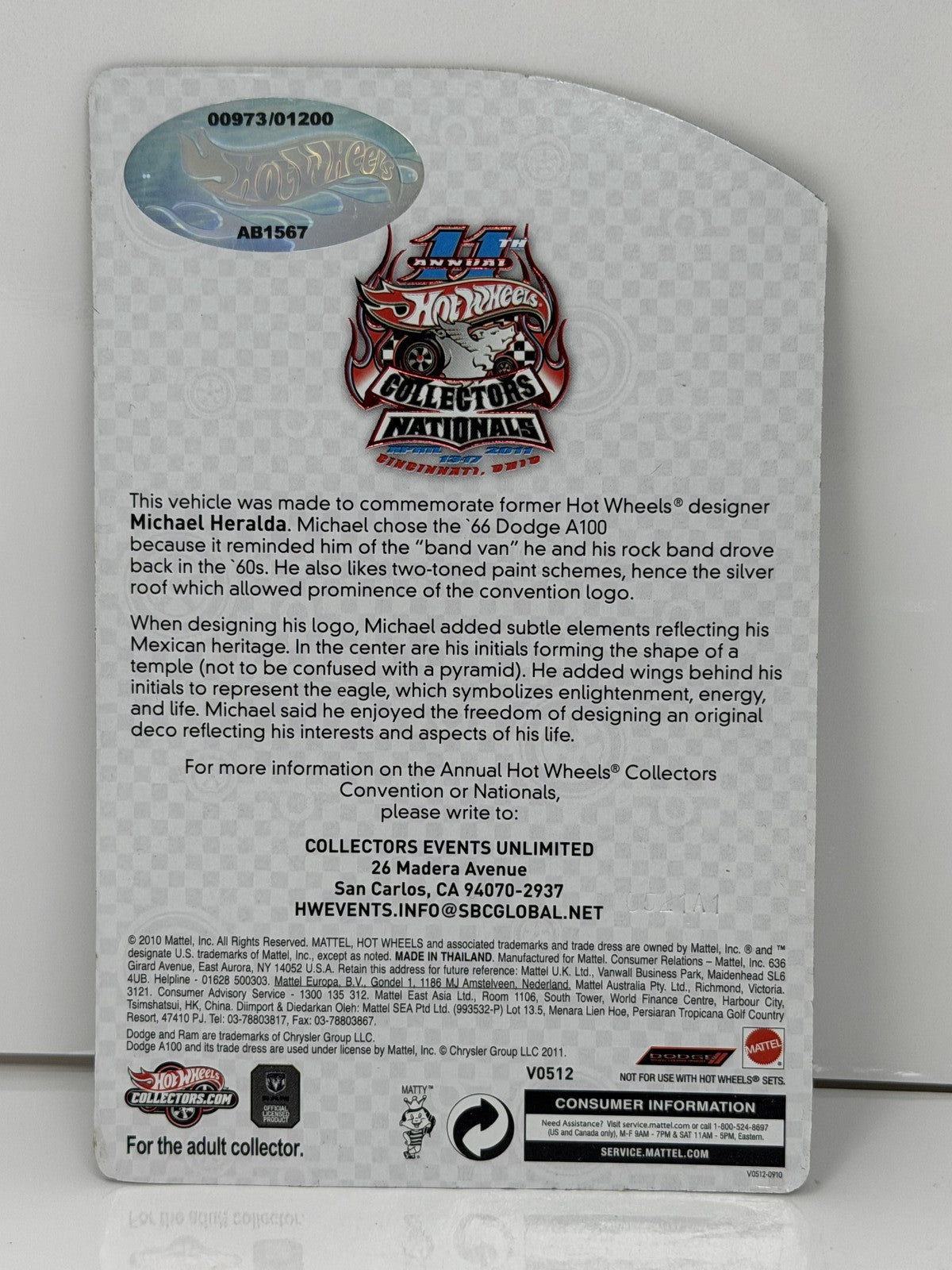 Hot Wheels 2011 11th Collectors Nationals '66 Dodge A100 1:64 Diecast 973/1200