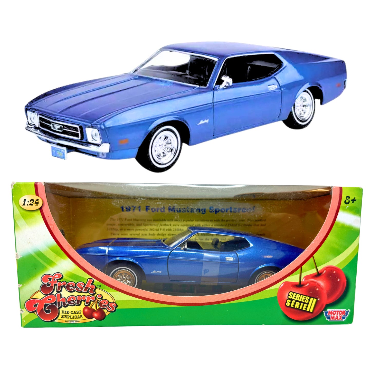 Motormax Fresh Cherries 1971 Ford Mustang Sportsroof Blue 1:24 Diecast
