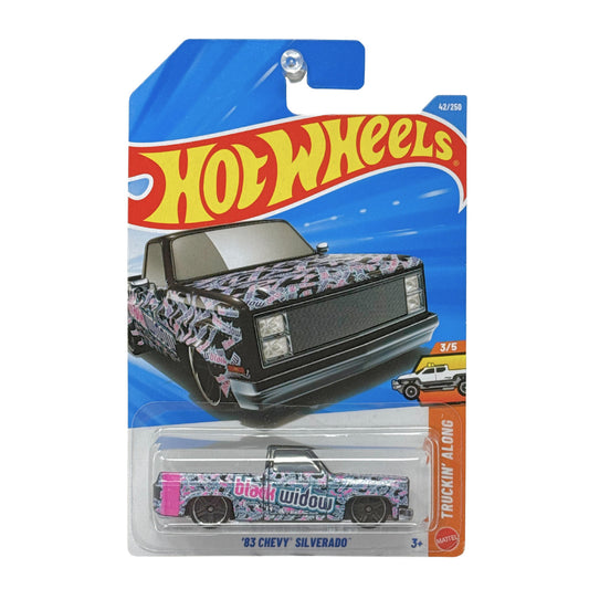Hot Wheels Truckin’ Along 1983 Chevy Silverado Black Widow 1:64 Diecast