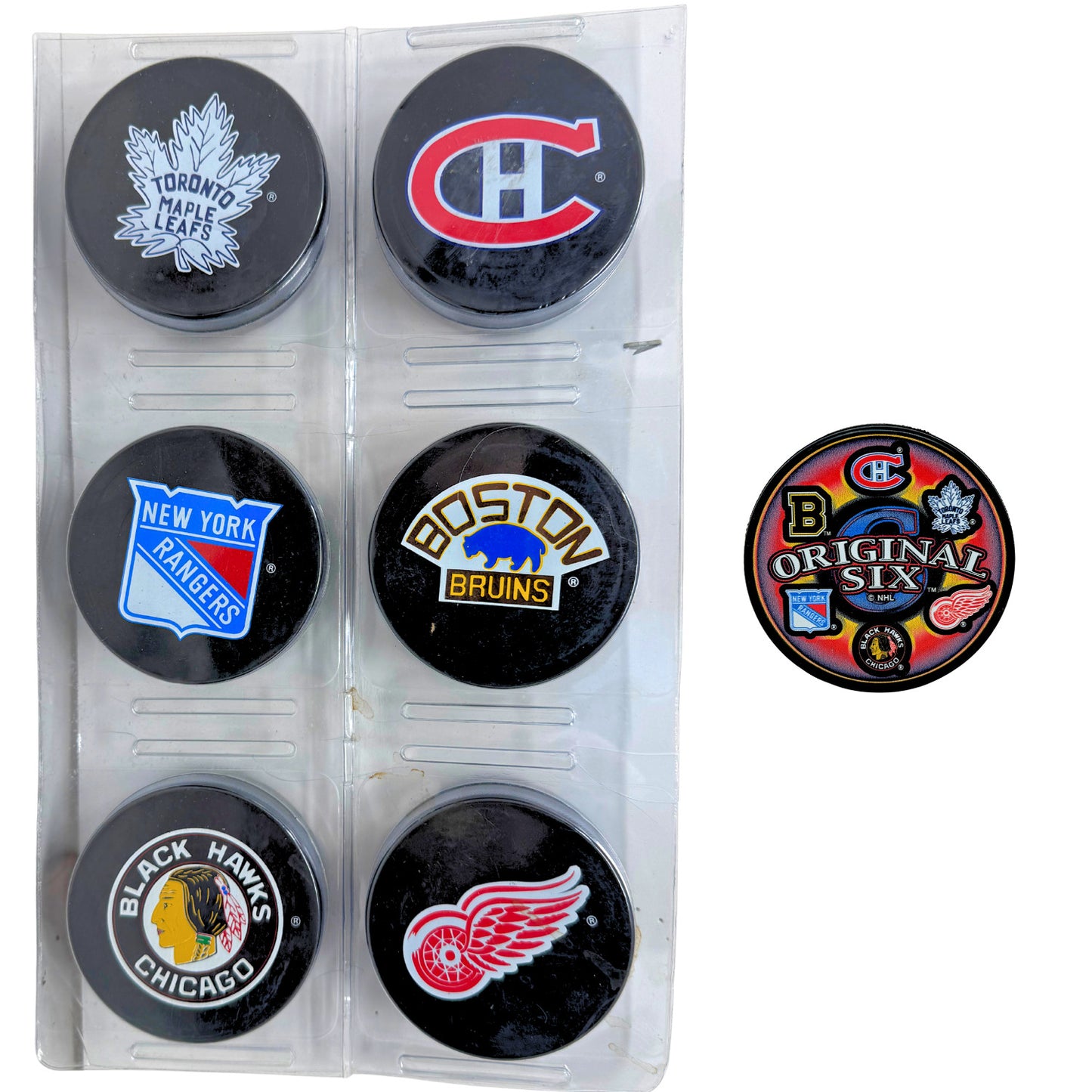 Original Six NHL Team Logo Hockey Puck Collection with Bonus Puck – 6 Teams