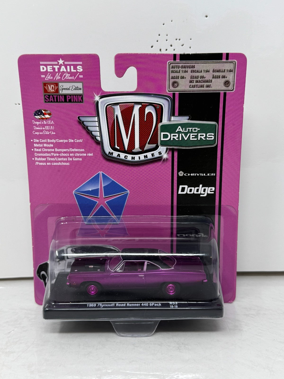 M2 Machines Auto-Drivers 1969 Plymouth Road Runner Satin Pink CHASE 1:64 Diecast