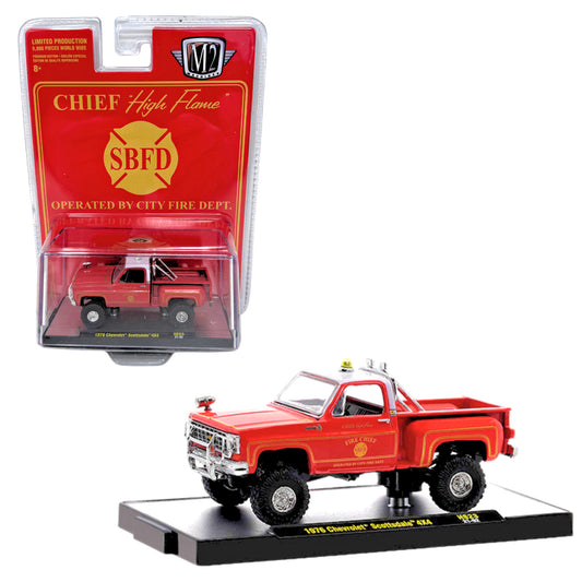 M2 Machines Chief High Flame 1976 Chevrolet Scottsdale 4x4 Fire Truck 1:64 Diecast