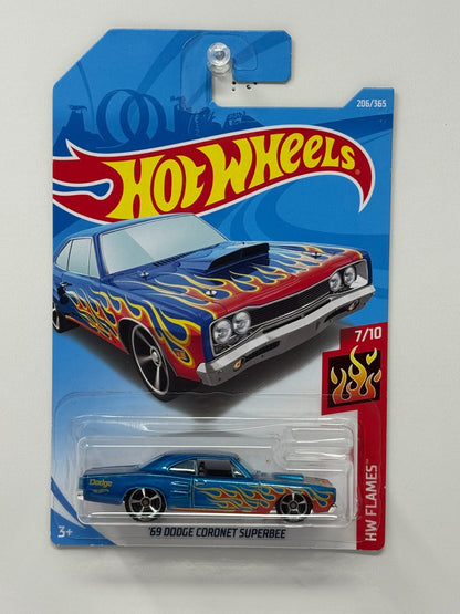 Hot Wheels Flames 1969 Dodge Coronet Super Bee 1:64 Diecast Blue V2