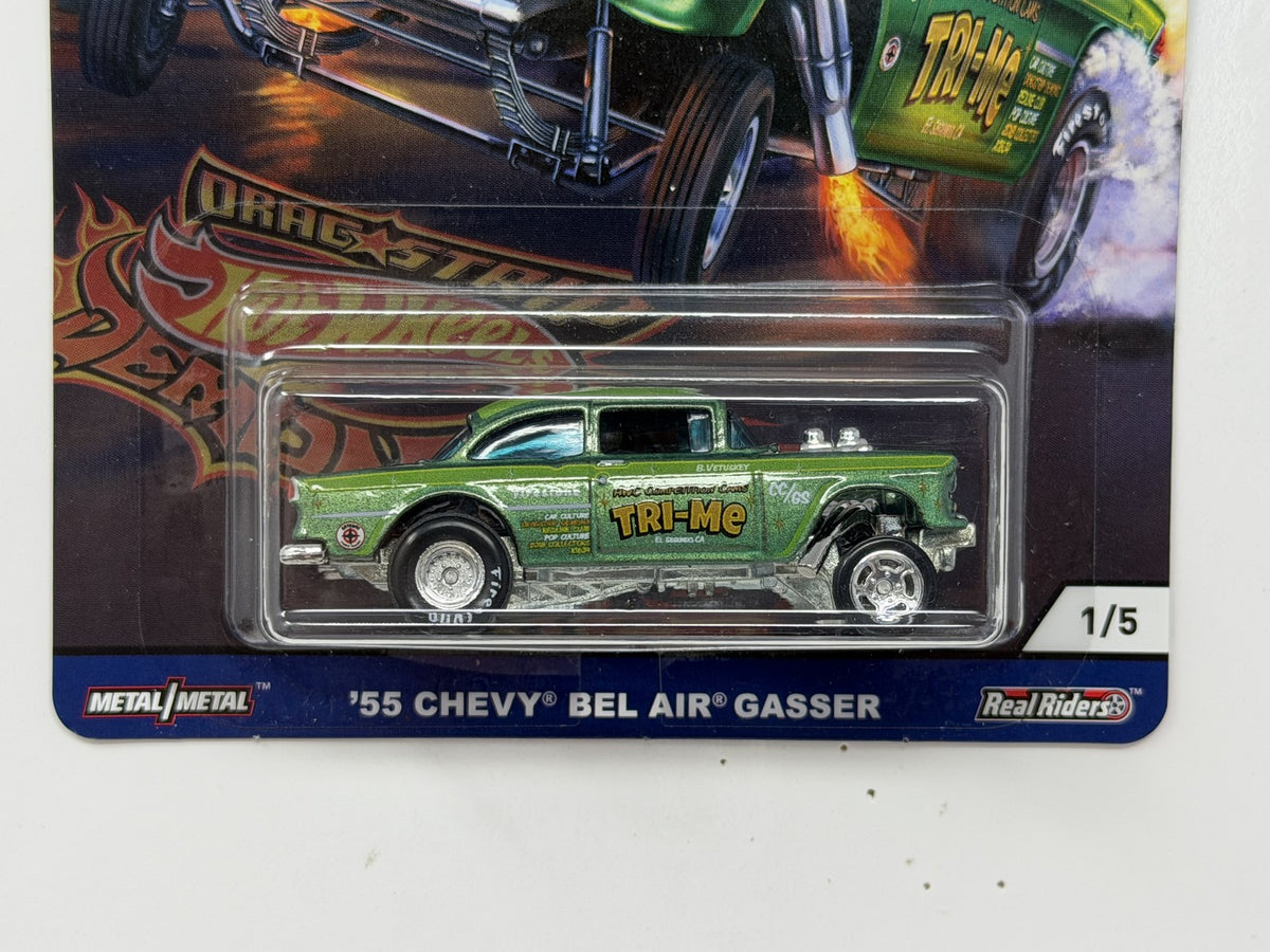 Hot Wheels Drag Strip Demons 1955 Chevy Bel Air Gasser 1:64 Diecast Real Riders