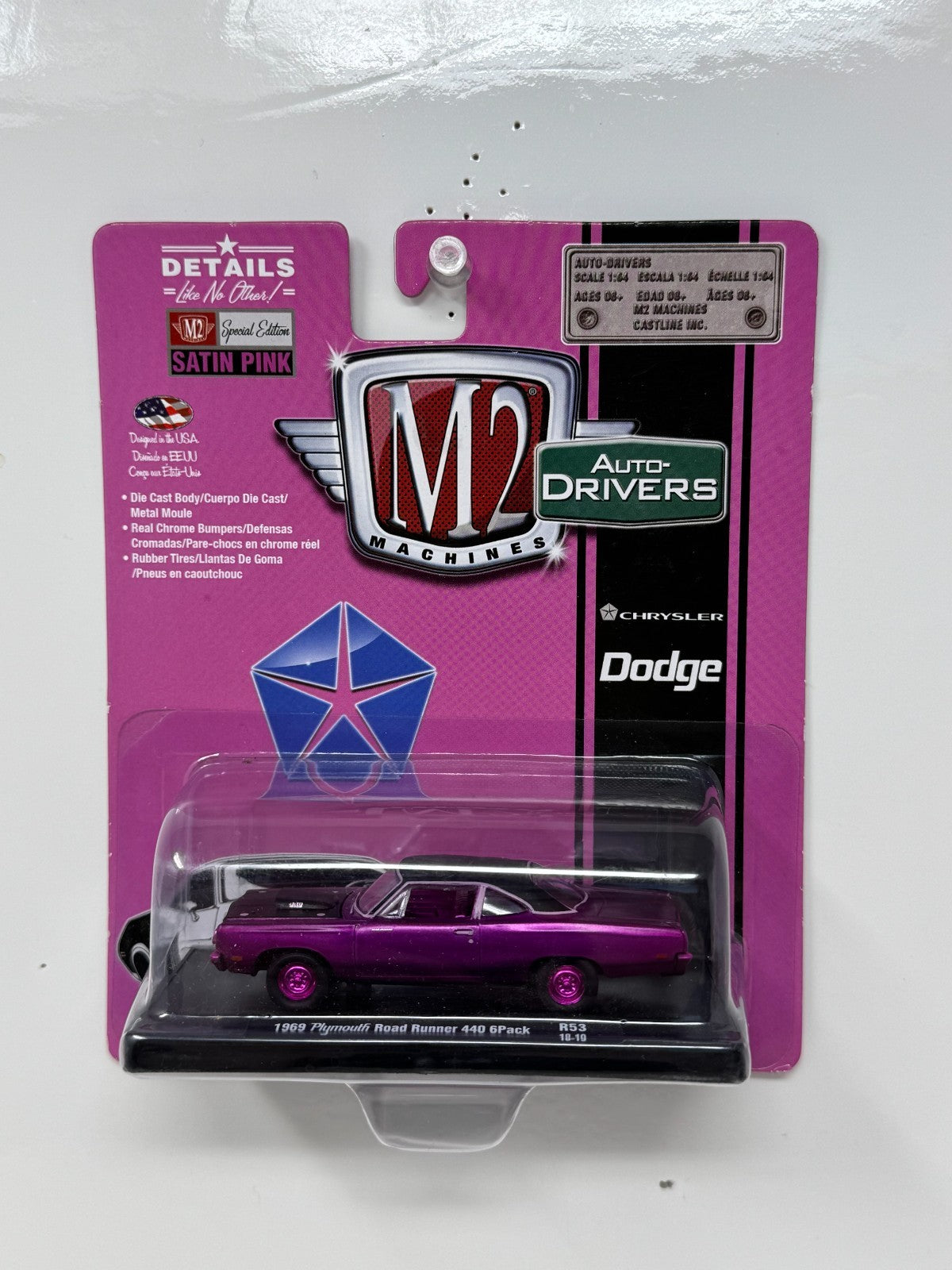 M2 Machines Auto-Drivers 1969 Plymouth Road Runner Satin Pink CHASE 1:64 Diecast