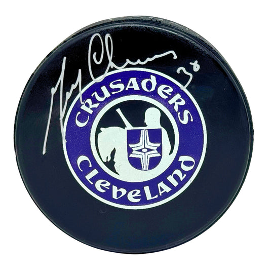 Gerry Cheevers Cleveland Crusaders Signed NHL Autograph Puck Silver Auto COA AJ