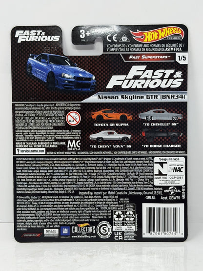 Hot Wheels Premium Fast & Furious Nissan Skyline GT-R (BNR34) 1:64 Diecast Blue