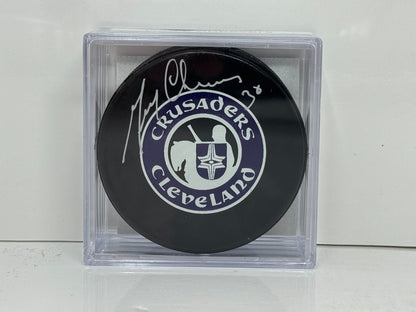 Gerry Cheevers Cleveland Crusaders Signed NHL Autograph Puck Silver Auto COA AJ