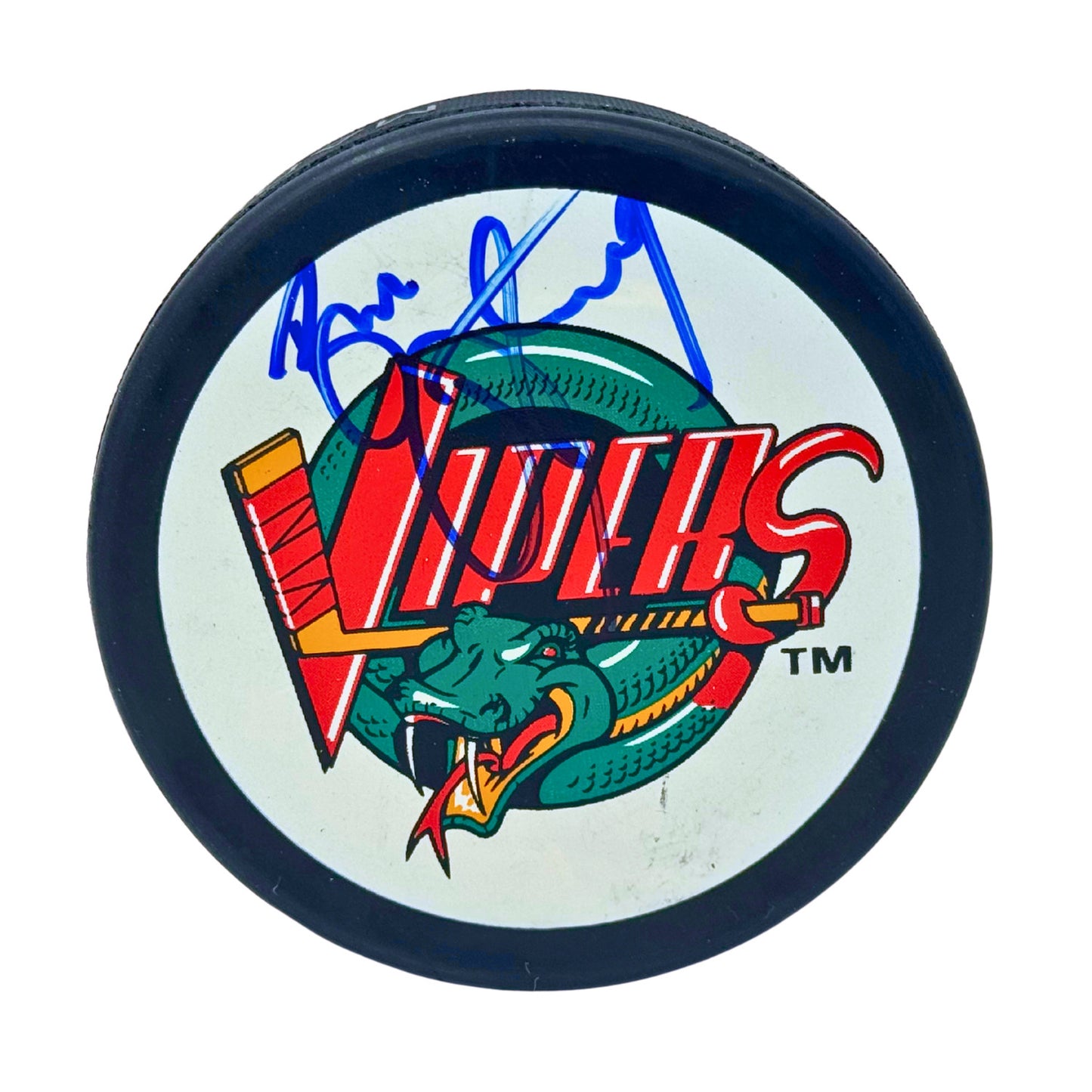 Bill Armstrong Detroit Vipers Signed Hockey Autograph Puck Blue Auto