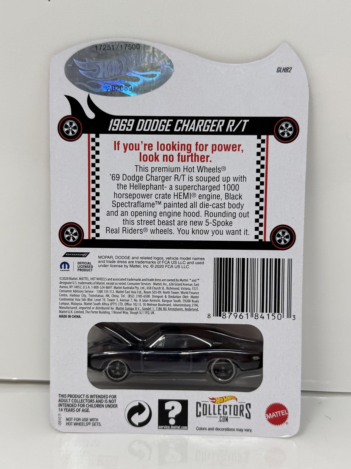 Hot Wheels RLC Red Line Club 1969 Dodge Charger R/T 1:64 Diecast 17251/17500