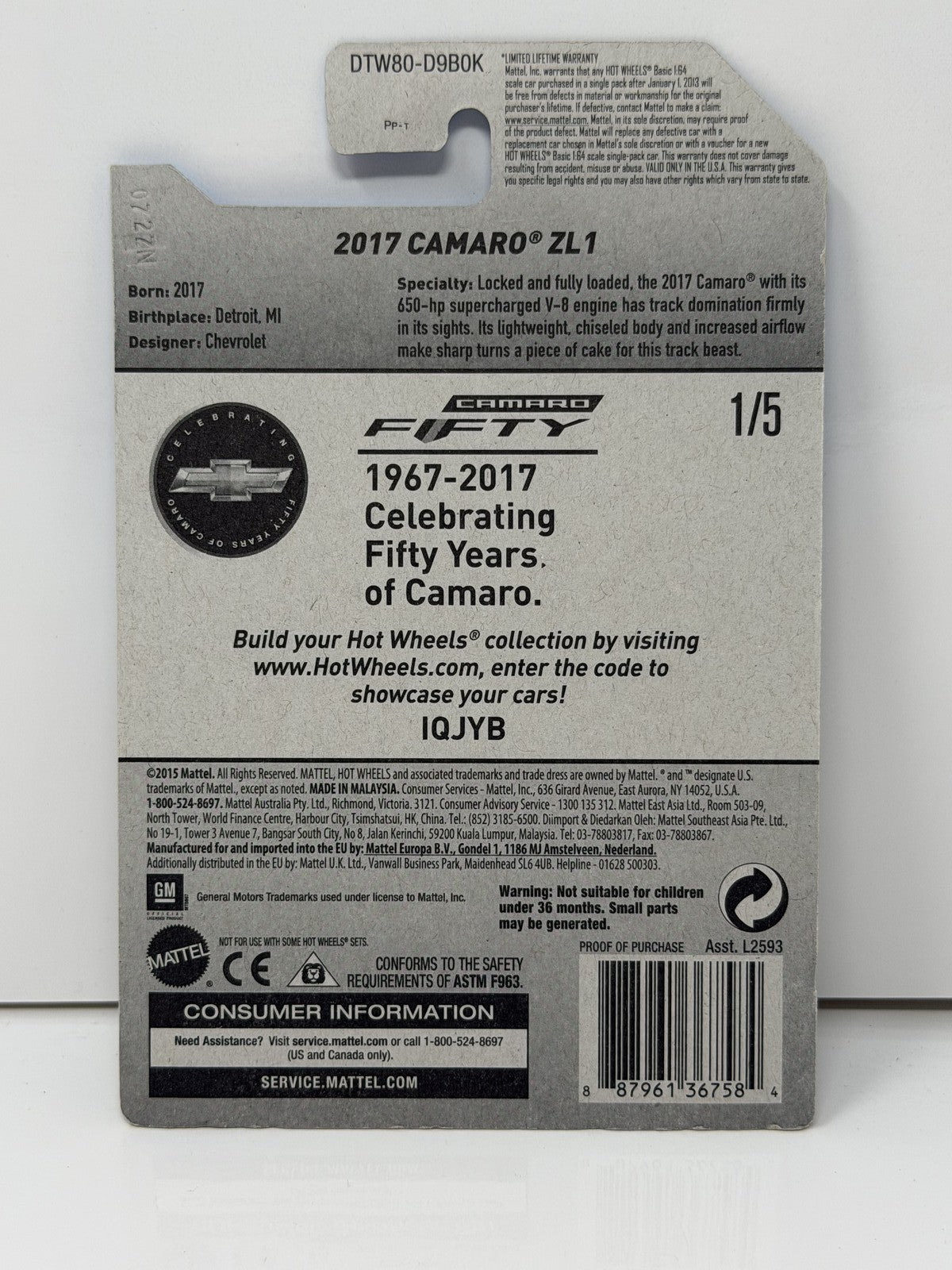 Hot Wheels Camaro Fifty 2017 Chevrolet Camaro ZL1 1:64 Diecast Red