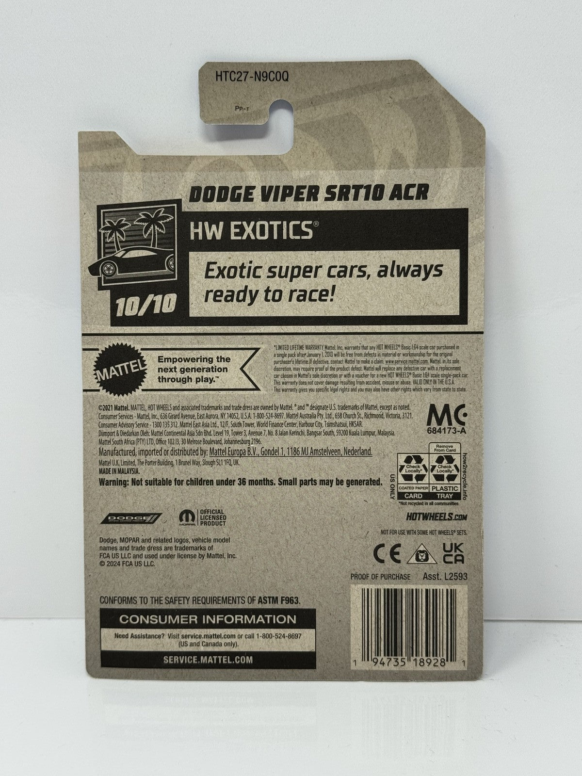 Hot Wheels HW Exotics Dodge Viper SRT10 ACR 1:64 Diecast Silver