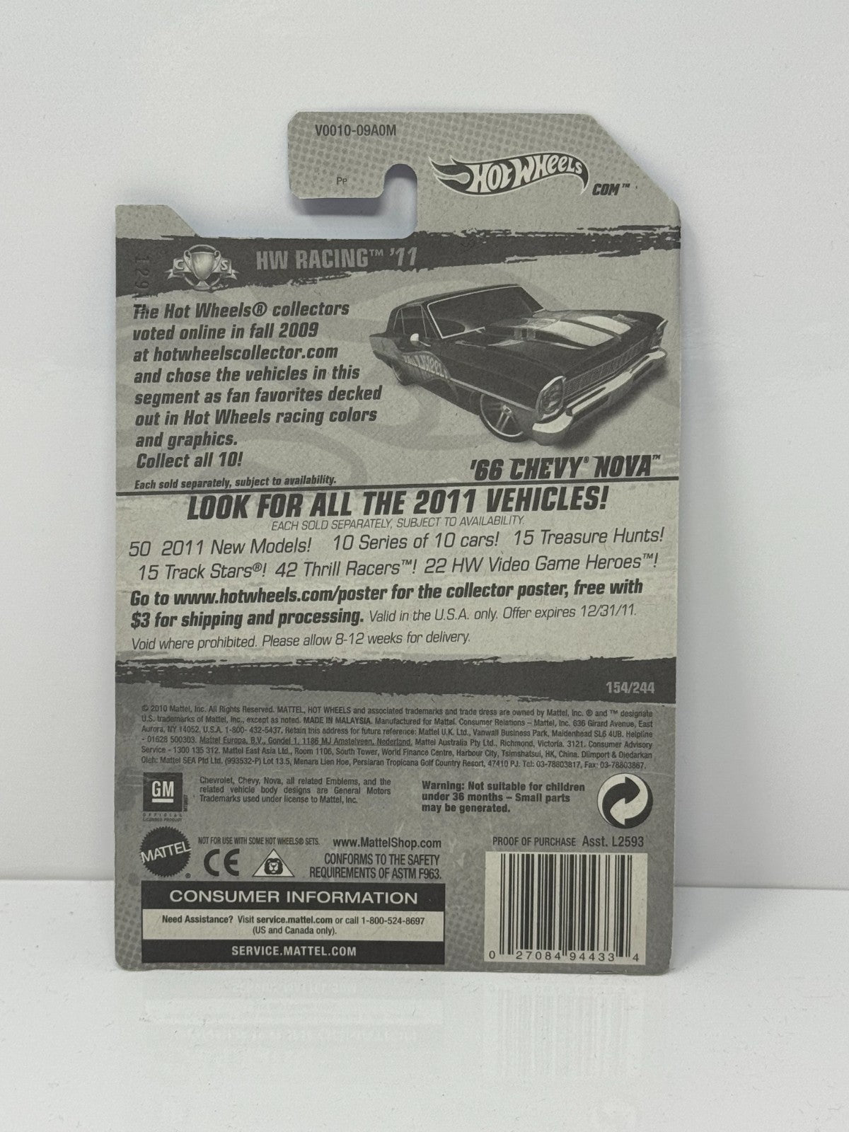 Hot Wheels HW Racing ’11 1966 Chevy Nova 1:64 Diecast Factory Sealed