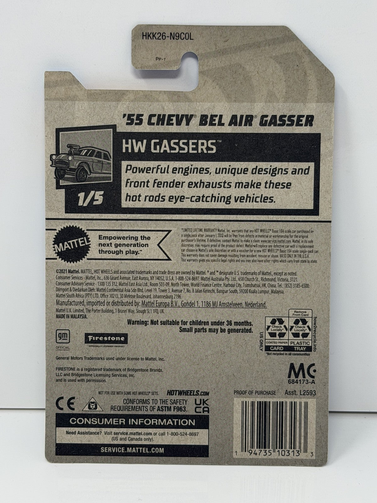 Hot Wheels HW Gassers 1955 Chevy Bel Air Gasser Blue 1:64 Diecast U.S. Card