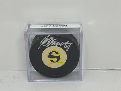 John Garrett Minnesota Fighting Saints Signed NHL Autograph Puck Silver Auto