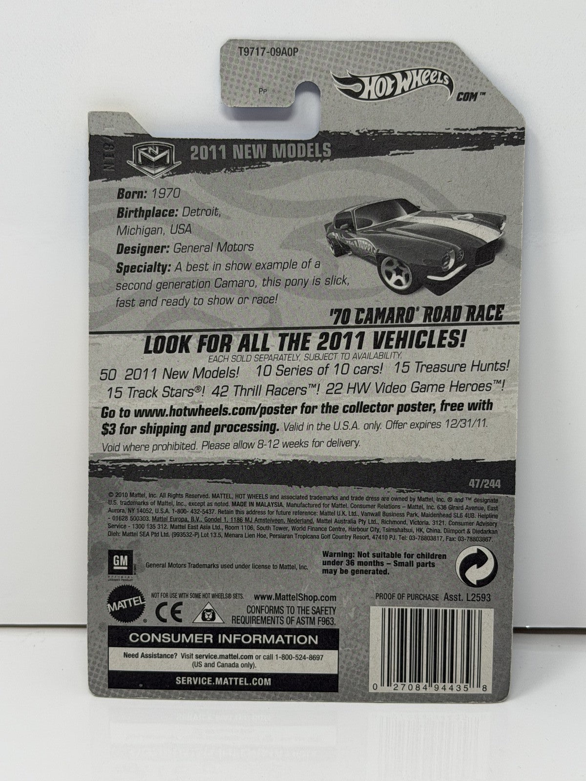 Hot Wheels 2011 New Models 1970 Chevrolet Camaro Road Race 1:64 Diecast Blue