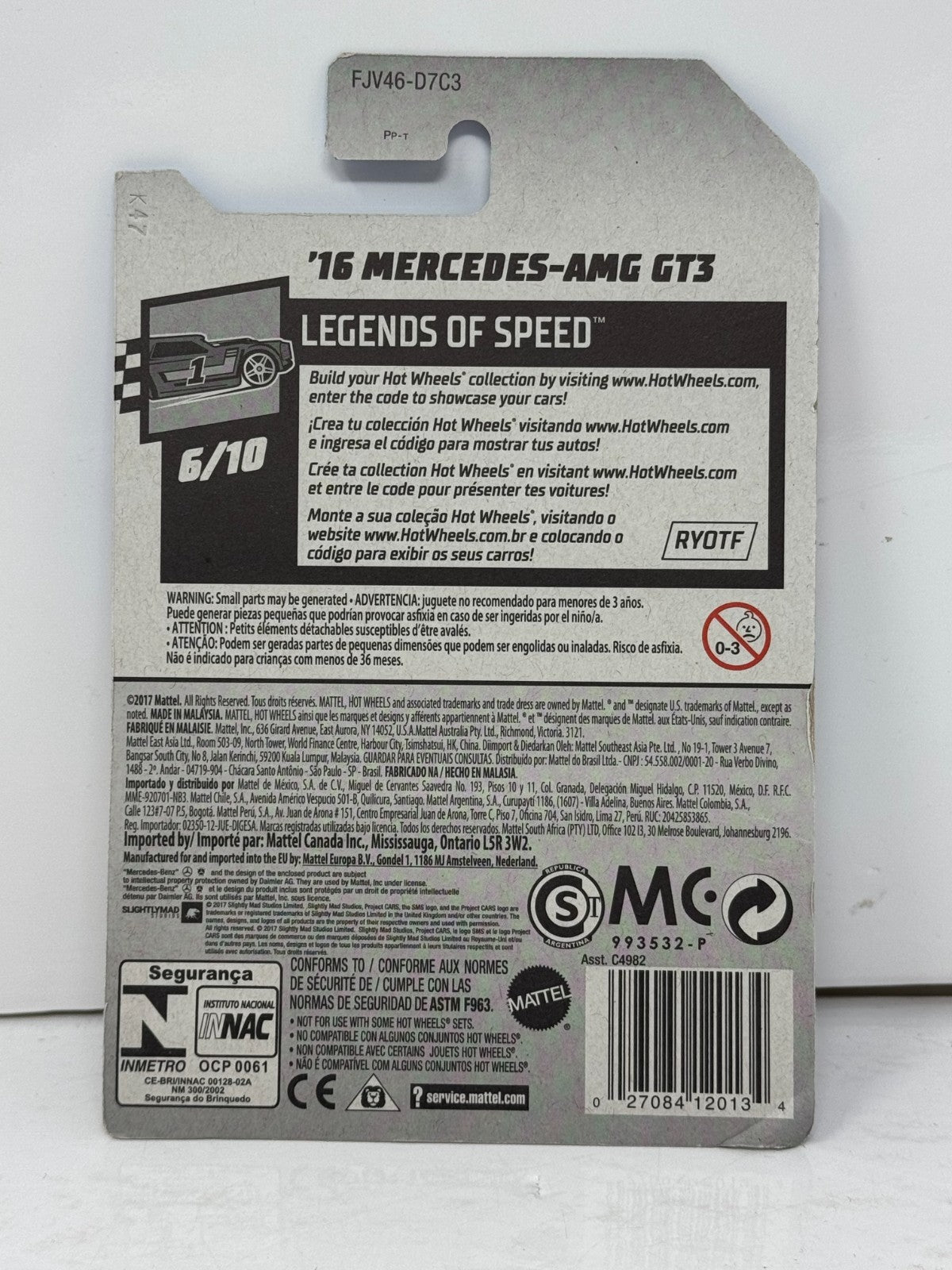 Hot Wheels Legends of Speed 2016 Mercedes-AMG GT3 1:64 Diecast Gray