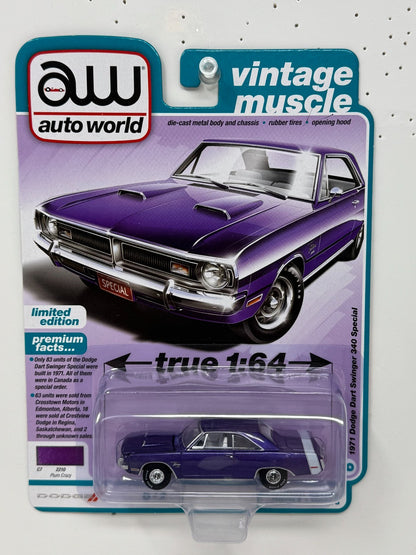 Auto World Vintage Muscle 1971 Dodge Dart Swinger 340 Plum Crazy 1:64 Diecast