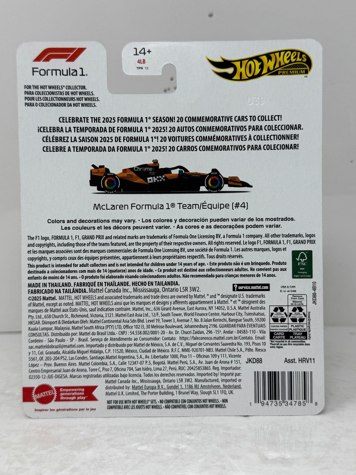 Hot Wheels Premium F1 McLaren Formula One Team #4 1:64 Diecast