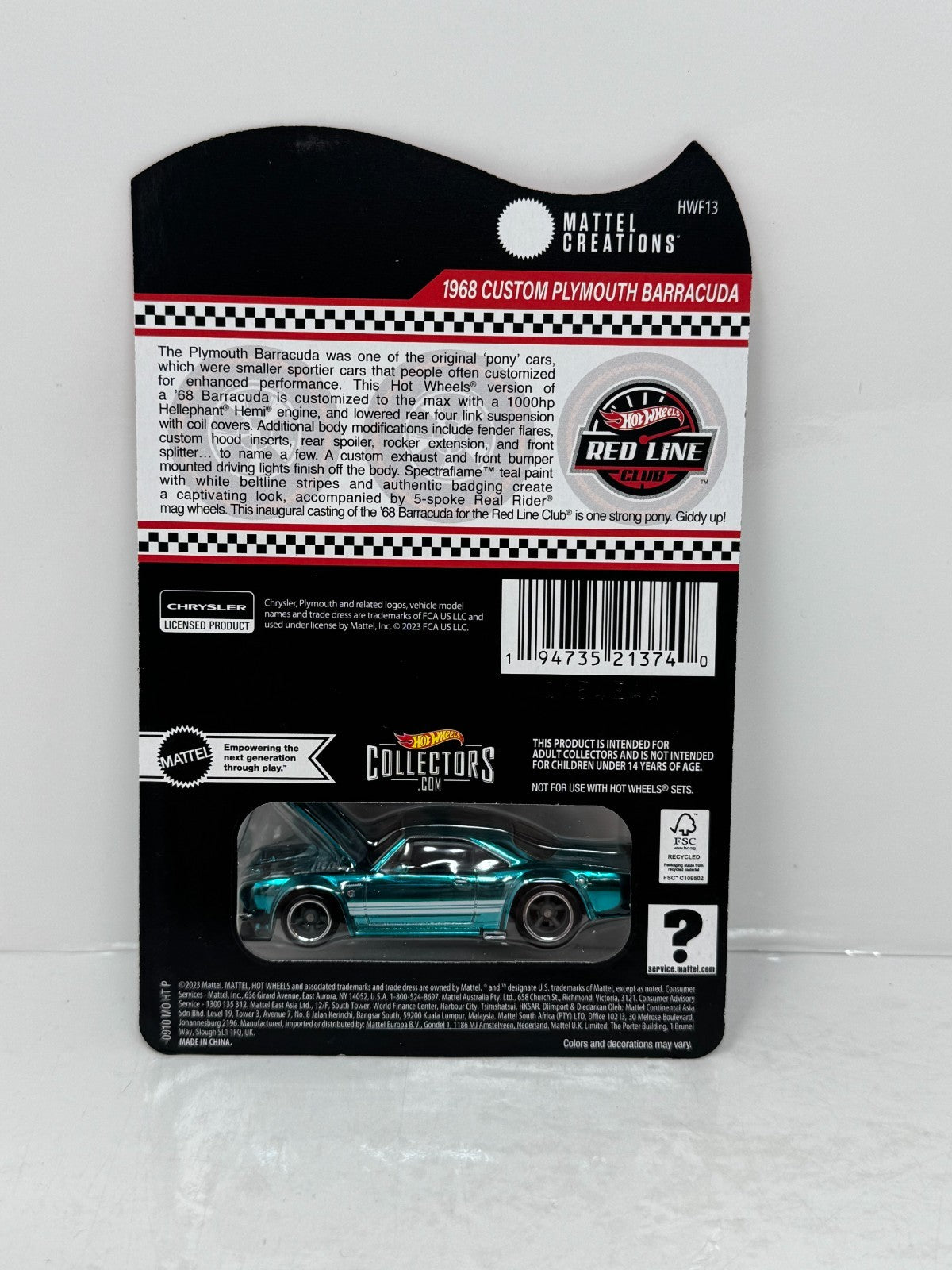 Hot Wheels RLC Red Line Club 1968 Custom Plymouth Barracuda 1:64 Diecast
