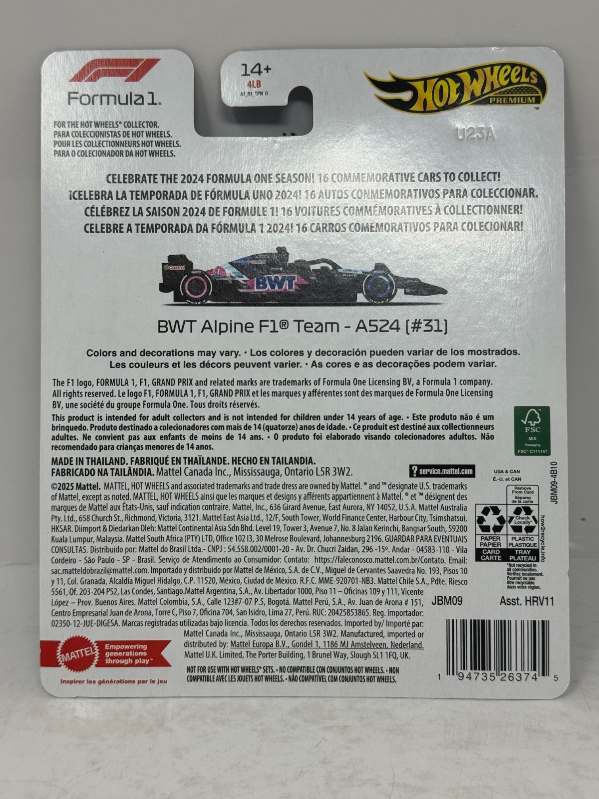 Hot Wheels Premium Formula 1 BWT Alpine F1 Team A524 #31 1:64 Diecast