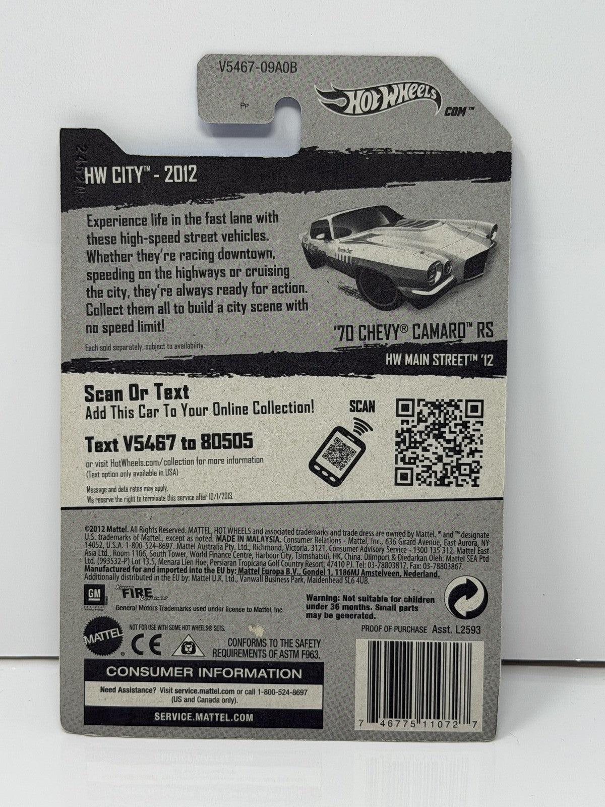 Hot Wheels HW City 1970 Chevrolet Camaro RS 1:64 Diecast White